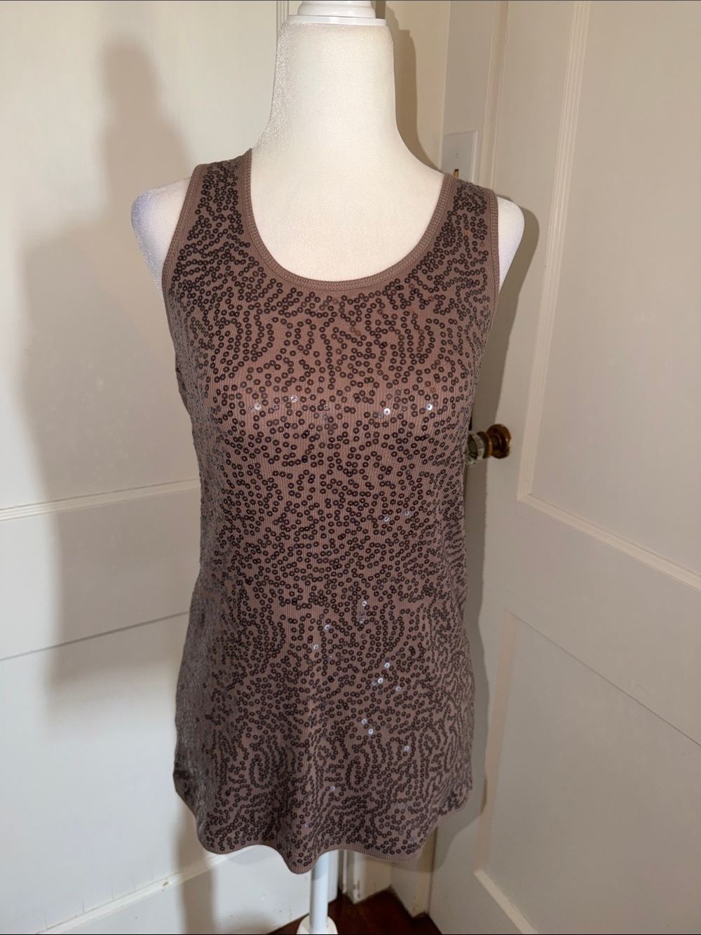 Women’s Brown Sequin Scoop Neck Tank Top Two Sisters Size Large